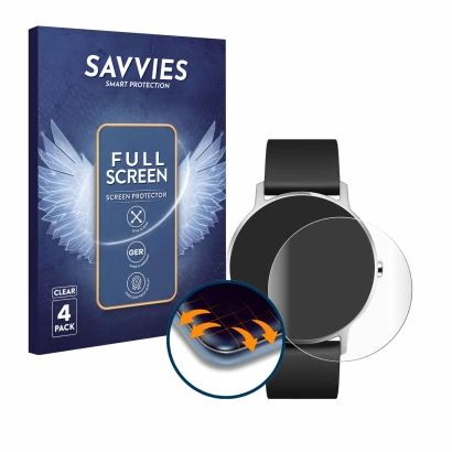 Parte frontal de un envase de producto con el logotipo de la marca Savvies. Al lado se muestra el dispositivo Withings Steel H