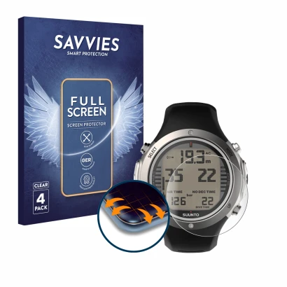 Parte frontal de un envase de producto con el logotipo de la marca Savvies. Al lado se muestra el dispositivo Suunto D6I Novo 
