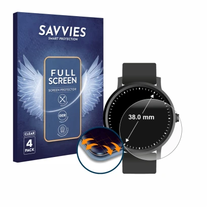 Parte frontal de un envase de producto con el logotipo de la marca Savvies. Al lado se muestra el dispositivo Circular Display
