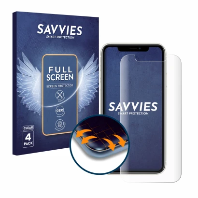 Parte frontal de un envase de producto con el logotipo de la marca Savvies. Al lado se muestra el dispositivo Apple iPhone 11 