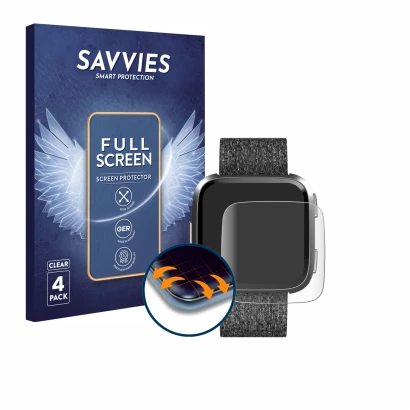 Parte frontal de un envase de producto con el logotipo de la marca Savvies. Al lado se muestra el dispositivo Fitbit Versa Spe