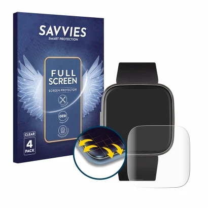 Parte frontal de un envase de producto con el logotipo de la marca Savvies. Al lado se muestra el dispositivo Fitbit Versa 2 c