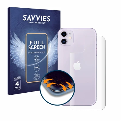 Parte frontal de un envase de producto con el logotipo de la marca Savvies. Al lado se muestra el dispositivo Apple iPhone 11 