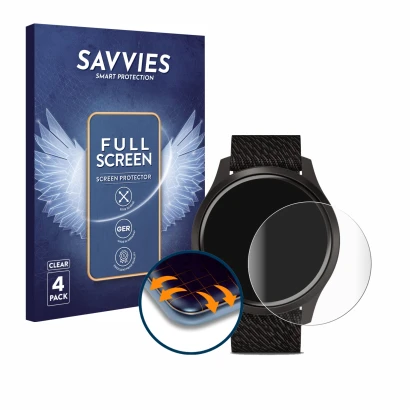 Parte frontal de un envase de producto con el logotipo de la marca Savvies. Al lado se muestra el dispositivo Garmin vivomove 