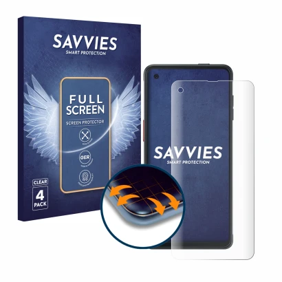 Parte frontal de un envase de producto con el logotipo de la marca Savvies. Al lado se muestra el dispositivo Samsung Galaxy X