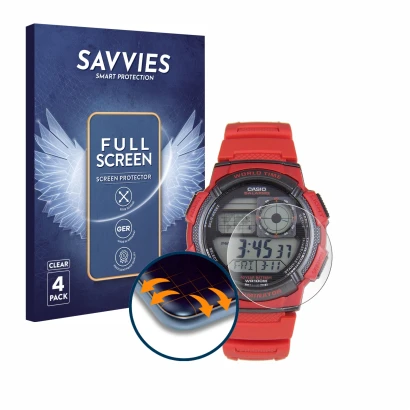 Parte frontal de un envase de producto con el logotipo de la marca Savvies. Al lado se muestra el dispositivo Casio AE-1000W c