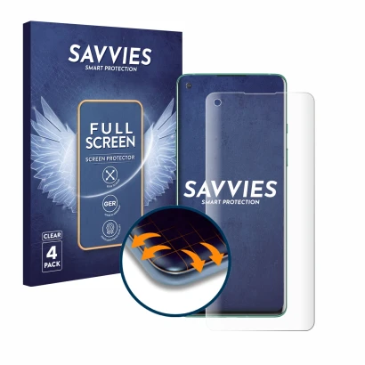 Parte frontal de un envase de producto con el logotipo de la marca Savvies. Al lado se muestra el dispositivo OnePlus 8 con su