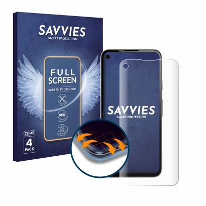 Parte frontal de un envase de producto con el logotipo de la marca Savvies. Al lado se muestra el dispositivo Google Pixel 4a 
