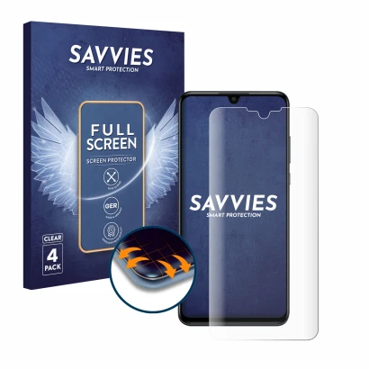 Parte frontal de un envase de producto con el logotipo de la marca Savvies. Al lado se muestra el dispositivo Huawei P30 lite 
