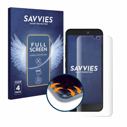 Parte frontal de un envase de producto con el logotipo de la marca Savvies. Al lado se muestra el dispositivo Fairphone 3 Plus
