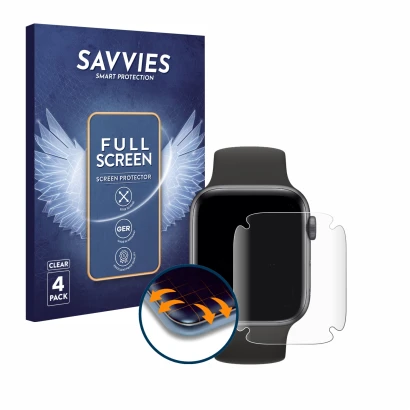 Parte frontal de un envase de producto con el logotipo de la marca Savvies. Al lado se muestra el dispositivo Apple Watch SE (