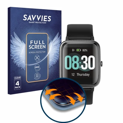 Parte frontal de un envase de producto con el logotipo de la marca Savvies. Al lado se muestra el dispositivo Putare A58 con s
