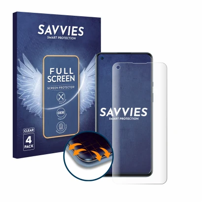 Parte frontal de un envase de producto con el logotipo de la marca Savvies. Al lado se muestra el dispositivo OnePlus 9 con su