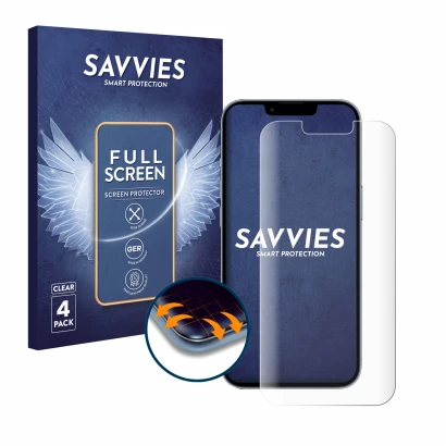 Parte frontal de un envase de producto con el logotipo de la marca Savvies. Al lado se muestra el dispositivo Apple iPhone 13 