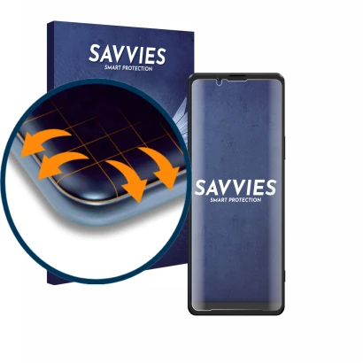 Parte frontal de un envase de producto con el logotipo de la marca Savvies. Al lado se muestra el dispositivo Sony Xperia 1 II