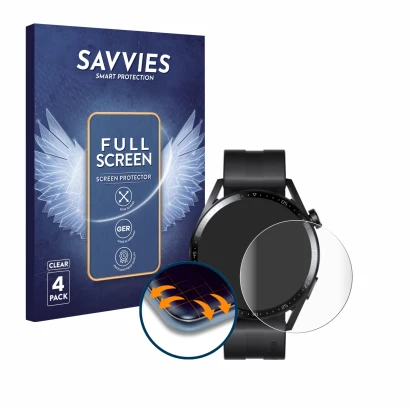 Parte frontal de un envase de producto con el logotipo de la marca Savvies. Al lado se muestra el dispositivo Huawei Watch GT 
