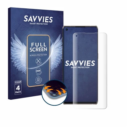 Parte frontal de un envase de producto con el logotipo de la marca Savvies. Al lado se muestra el dispositivo Oppo Find X3 Neo