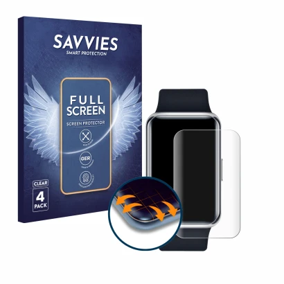 Parte frontal de un envase de producto con el logotipo de la marca Savvies. Al lado se muestra el dispositivo Huawei Watch Fit