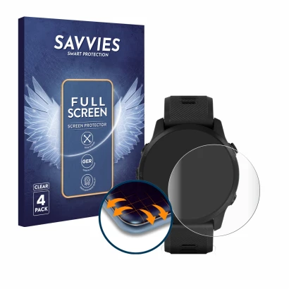 Parte frontal de un envase de producto con el logotipo de la marca Savvies. Al lado se muestra el dispositivo Garmin Forerunne