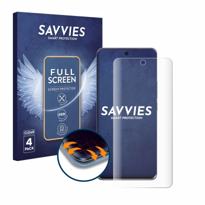 Parte frontal de un envase de producto con el logotipo de la marca Savvies. Al lado se muestra el dispositivo Honor 50 con su 