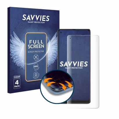 Parte frontal de un envase de producto con el logotipo de la marca Savvies. Al lado se muestra el dispositivo Cubot Max 3 con 