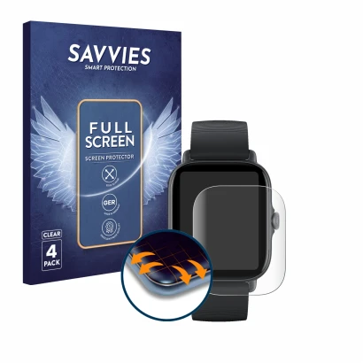Parte frontal de un envase de producto con el logotipo de la marca Savvies. Al lado se muestra el dispositivo Huami Amazfit GT
