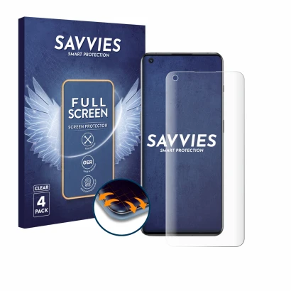 Parte frontal de un envase de producto con el logotipo de la marca Savvies. Al lado se muestra el dispositivo OnePlus 10 Pro 5