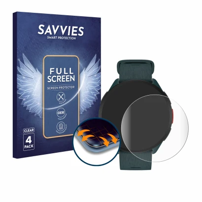Parte frontal de un envase de producto con el logotipo de la marca Savvies. Al lado se muestra el dispositivo Polar Pacer con 