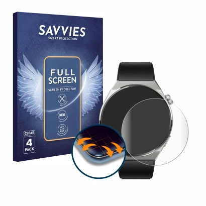 Parte frontal de un envase de producto con el logotipo de la marca Savvies. Al lado se muestra el dispositivo Huawei Watch GT 