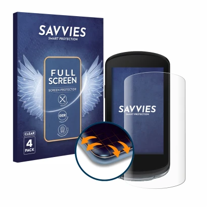 Parte frontal de un envase de producto con el logotipo de la marca Savvies. Al lado se muestra el dispositivo Garmin Edge 1040