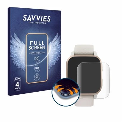 Parte frontal de un envase de producto con el logotipo de la marca Savvies. Al lado se muestra el dispositivo Garmin Venu Sq 2