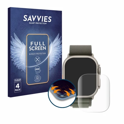 Parte frontal de un envase de producto con el logotipo de la marca Savvies. Al lado se muestra el dispositivo Apple Watch Ultr