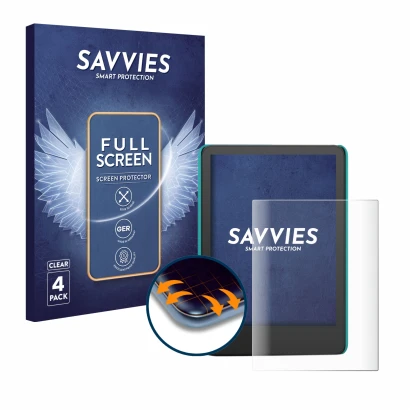 Parte frontal de un envase de producto con el logotipo de la marca Savvies. Al lado se muestra el dispositivo Amazon Kindle Ki