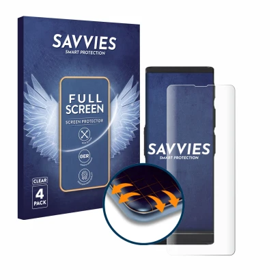 Parte frontal de un envase de producto con el logotipo de la marca Savvies. Al lado se muestra el dispositivo Vasco Translator