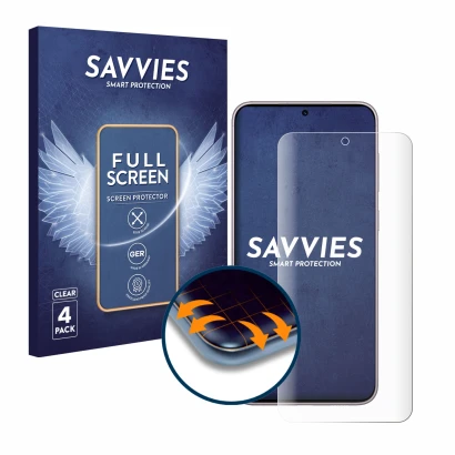 Parte frontal de un envase de producto con el logotipo de la marca Savvies. Al lado se muestra el dispositivo Samsung Galaxy S