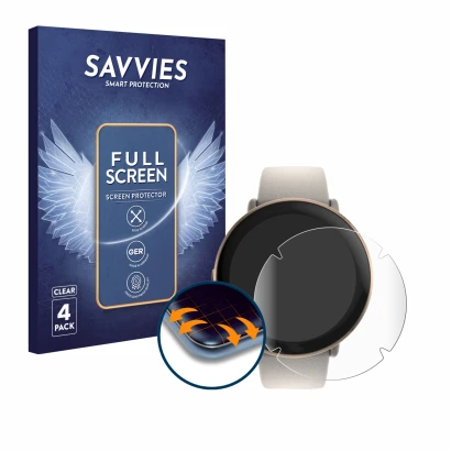 Parte frontal de un envase de producto con el logotipo de la marca Savvies. Al lado se muestra el dispositivo Polar Ignite 3 c