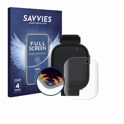Parte frontal de un envase de producto con el logotipo de la marca Savvies. Al lado se muestra el dispositivo Xplora X6 Play 2