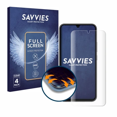 Parte frontal de un envase de producto con el logotipo de la marca Savvies. Al lado se muestra el dispositivo Samsung Galaxy A