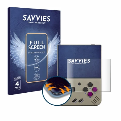 Parte frontal de un envase de producto con el logotipo de la marca Savvies. Al lado se muestra el dispositivo Miyoo Mini Plus 