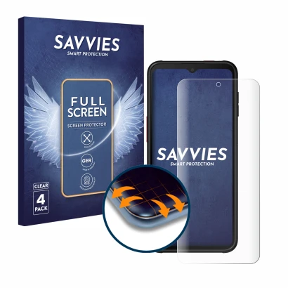Parte frontal de un envase de producto con el logotipo de la marca Savvies. Al lado se muestra el dispositivo Samsung Galaxy X
