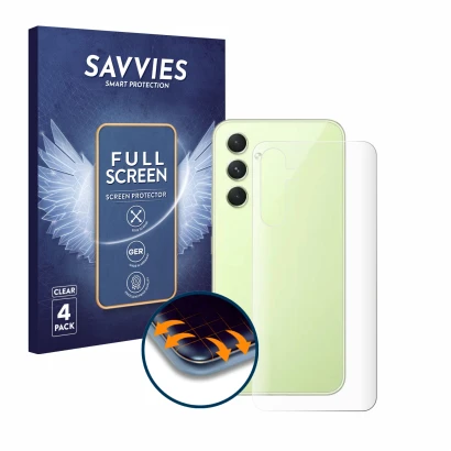 Parte frontal de un envase de producto con el logotipo de la marca Savvies. Al lado se muestra el dispositivo Samsung Galaxy A