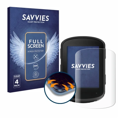 Parte frontal de un envase de producto con el logotipo de la marca Savvies. Al lado se muestra el dispositivo Garmin Edge 540 
