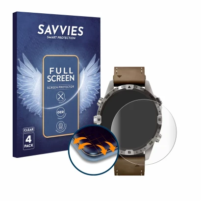 Parte frontal de un envase de producto con el logotipo de la marca Savvies. Al lado se muestra el dispositivo Garmin Marq Adve