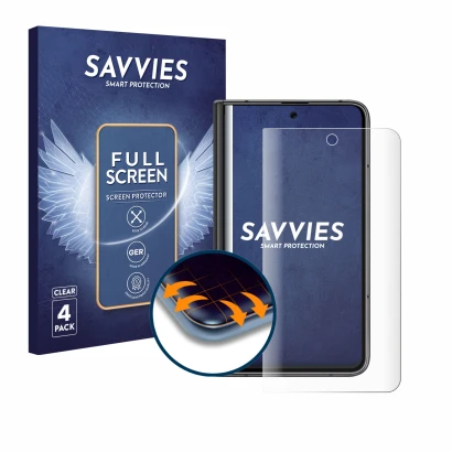 Parte frontal de un envase de producto con el logotipo de la marca Savvies. Al lado se muestra el dispositivo Google Pixel Fol