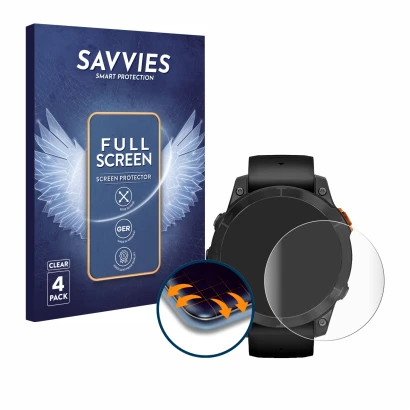 Parte frontal de un envase de producto con el logotipo de la marca Savvies. Al lado se muestra el dispositivo Garmin Fenix 7 P