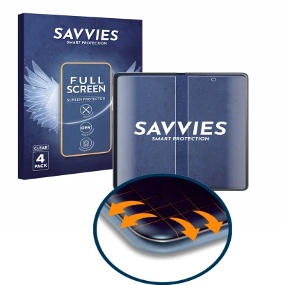 Parte frontal de un envase de producto con el logotipo de la marca Savvies. Al lado se muestra el dispositivo Honor Magic V2 (