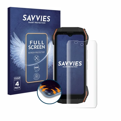 Parte frontal de un envase de producto con el logotipo de la marca Savvies. Al lado se muestra el dispositivo Blackview N6000 