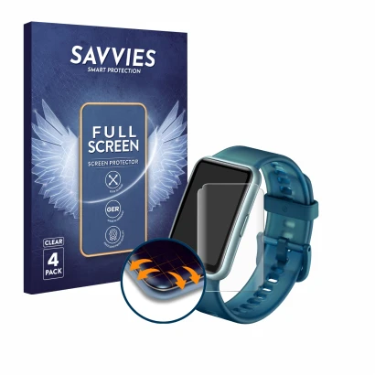 Parte frontal de un envase de producto con el logotipo de la marca Savvies. Al lado se muestra el dispositivo Huawei Watch Fit