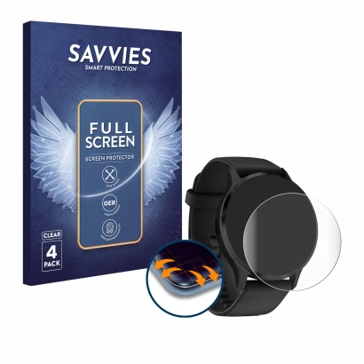 Parte frontal de un envase de producto con el logotipo de la marca Savvies. Al lado se muestra el dispositivo Garmin Venu 3 co