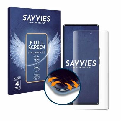 Parte frontal de un envase de producto con el logotipo de la marca Savvies. Al lado se muestra el dispositivo Blackview A200 P